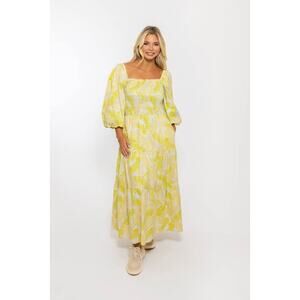 Karlie Women’s Large Tropical Leaf Poplin Smock Puff Sleeve Maxi Dress